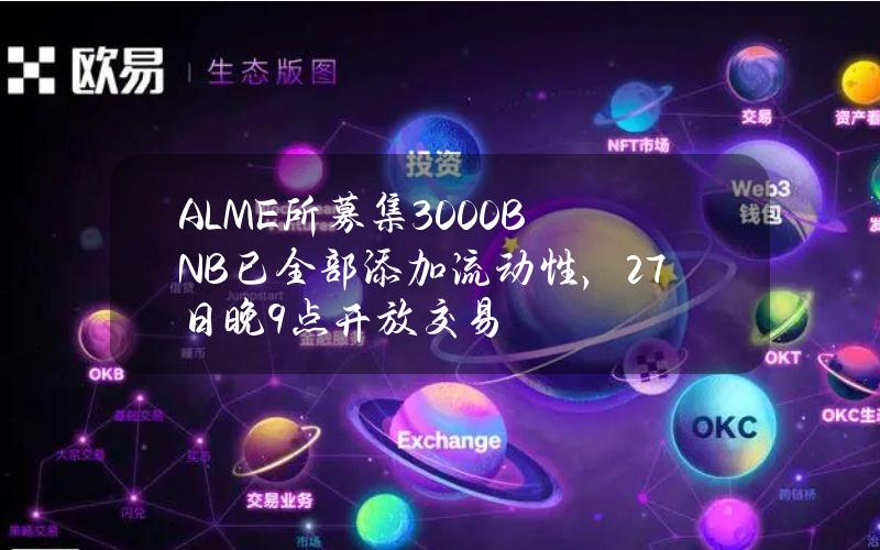 ALME所募集3000BNB已全部添加流动性，27日晚9点开放交易