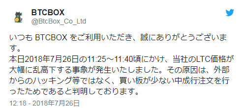 日本交易所BTCBOX莱特币牌价今日一度降至6日元